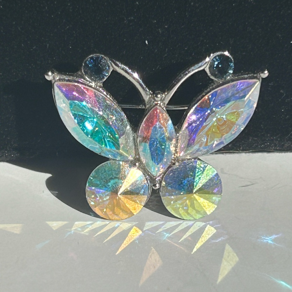 Iridescent Butterfly Brooch Crystals Silver-Tone